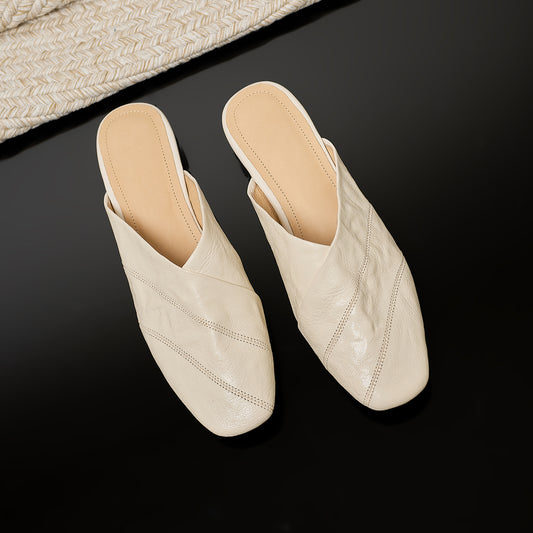 Women's Retro Lambskin Mules Vintage Square Toe Slip-on Casual Flats