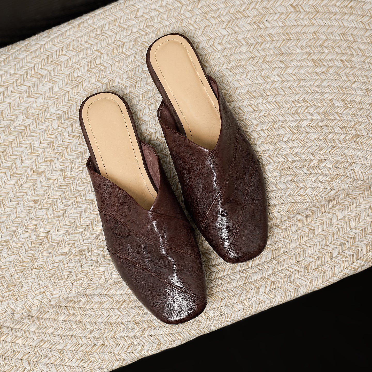 Women's Retro Lambskin Mules Vintage Square Toe Slip-on Casual Flats