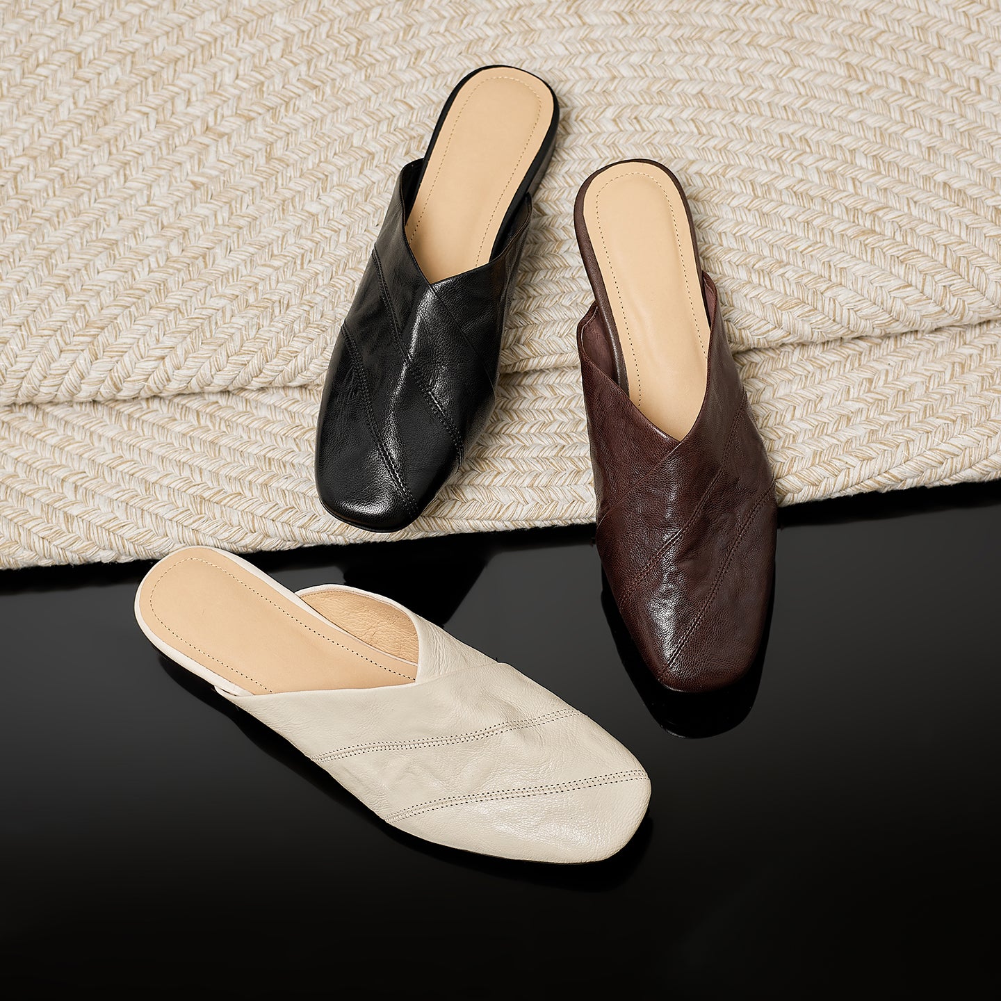 Women's Retro Lambskin Mules Vintage Square Toe Slip-on Casual Flats