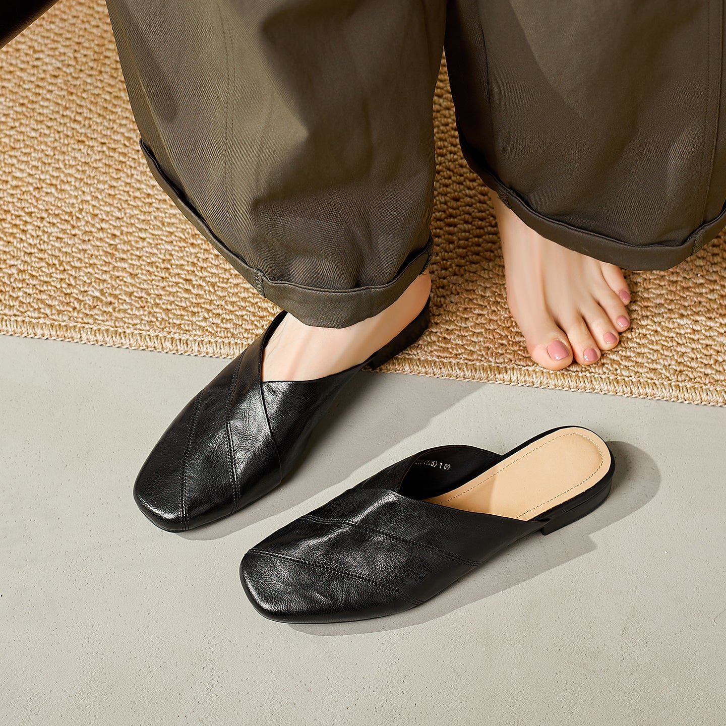 Women's Retro Lambskin Mules Vintage Square Toe Slip-on Casual Flats