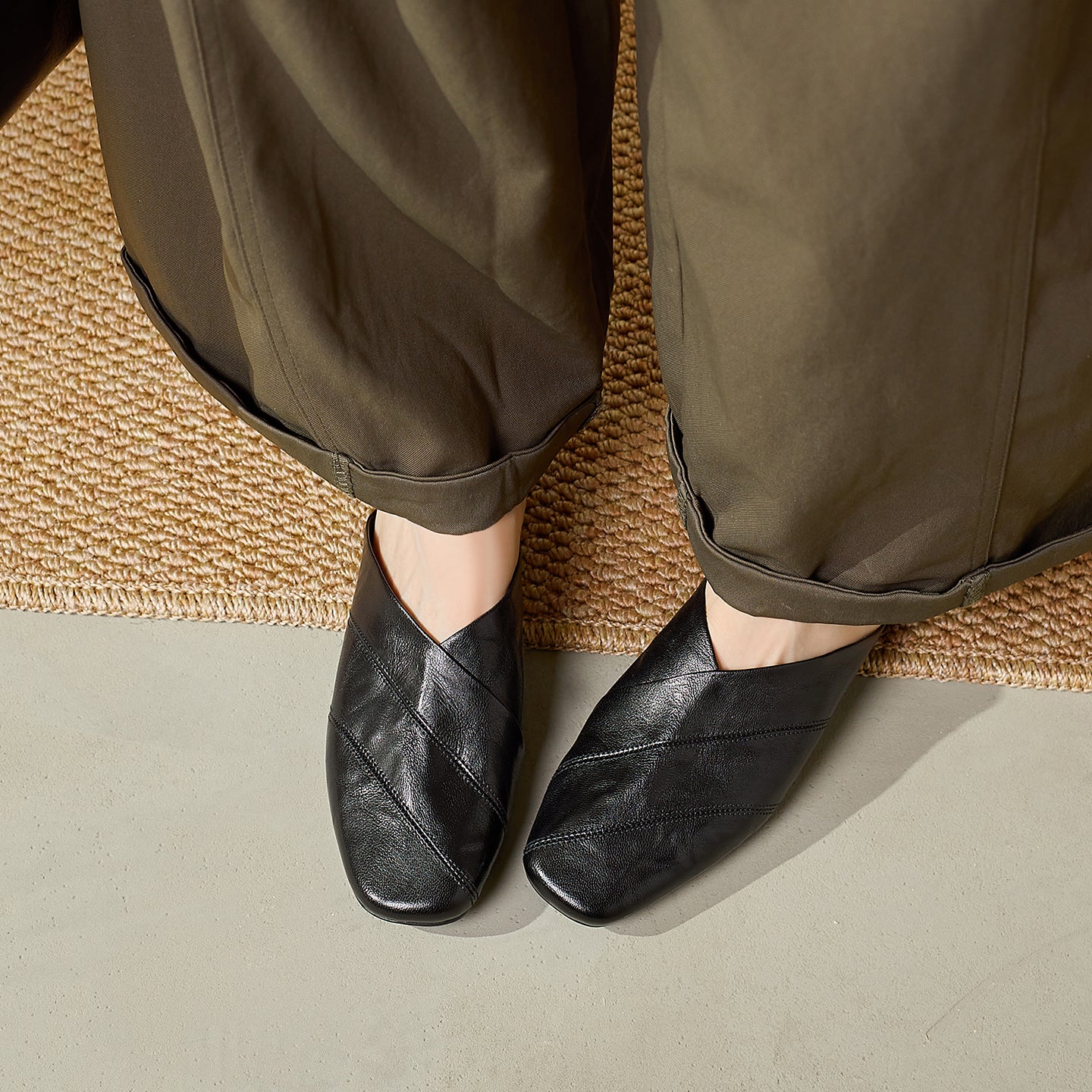Women's Retro Lambskin Mules Vintage Square Toe Slip-on Casual Flats