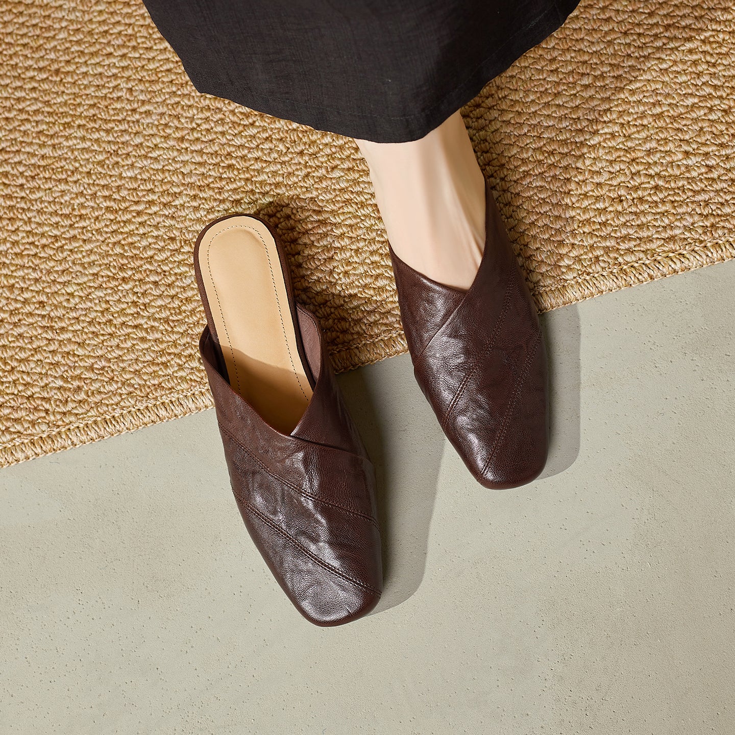 Women's Retro Lambskin Mules Vintage Square Toe Slip-on Casual Flats