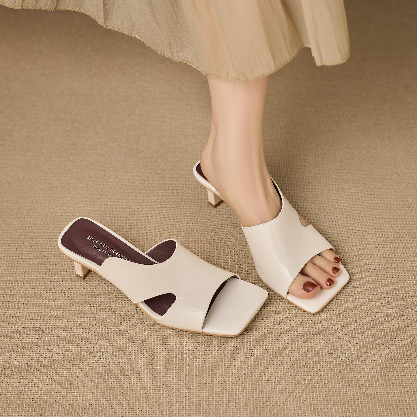 Women's Leather Mules - 5.5cm Kitten Heel - Luxury Lambskin Insole - Square Toe Cut-out
