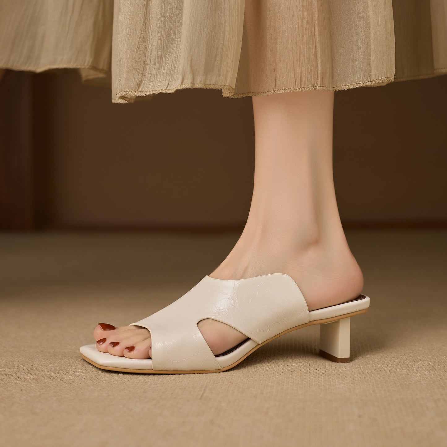 Women's Leather Mules - 5.5cm Kitten Heel - Luxury Lambskin Insole - Square Toe Cut-out