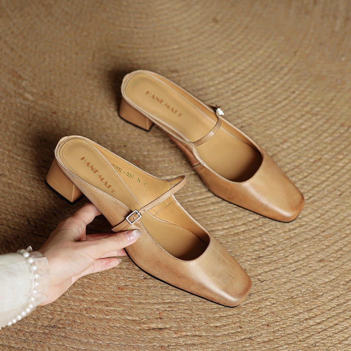 Women's Cowhide Mary Jane Mules - 4.5cm Block Heel - Hand-Burnished Leather