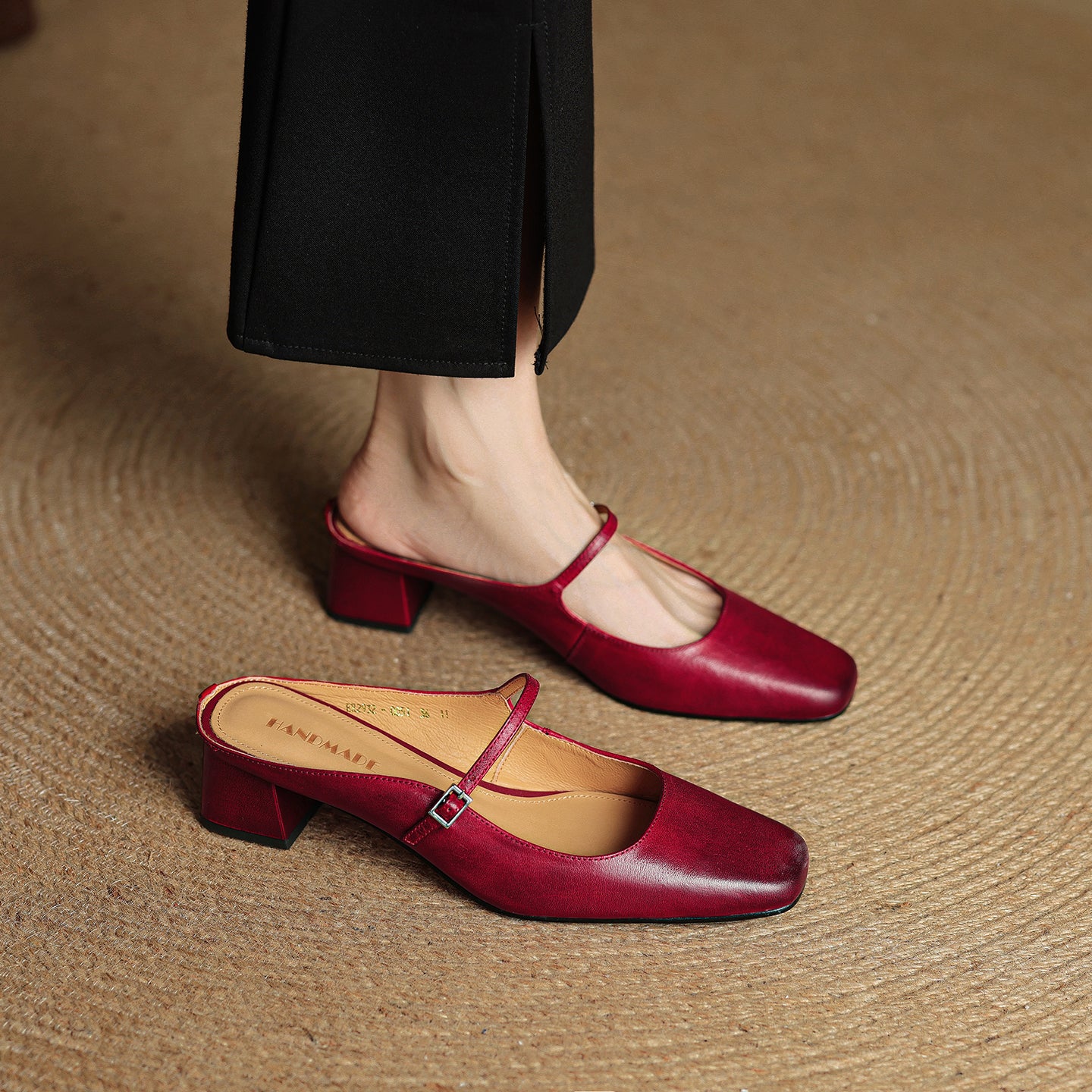 Women's Cowhide Mary Jane Mules - 4.5cm Block Heel - Hand-Burnished Leather