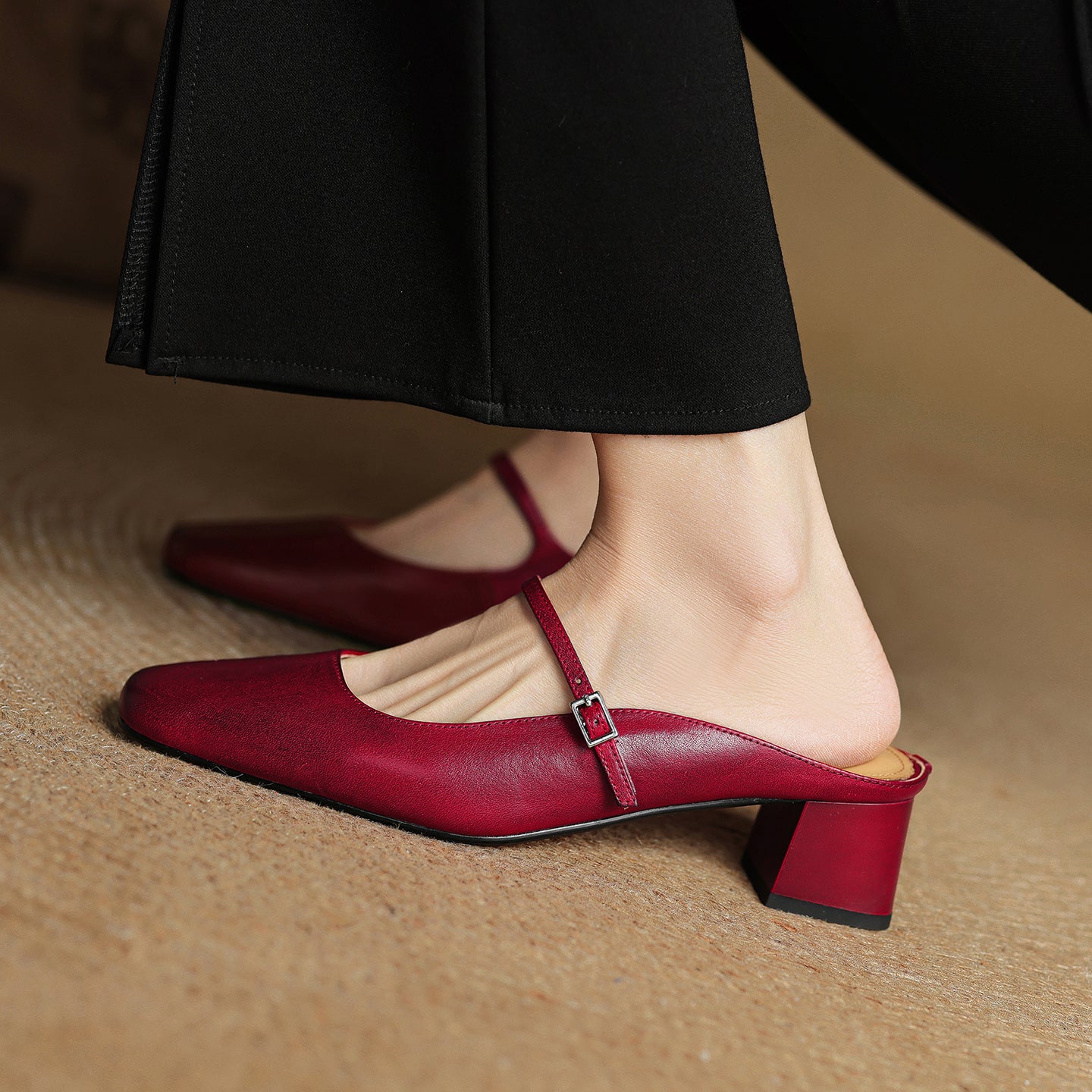 Women's Cowhide Mary Jane Mules - 4.5cm Block Heel - Hand-Burnished Leather