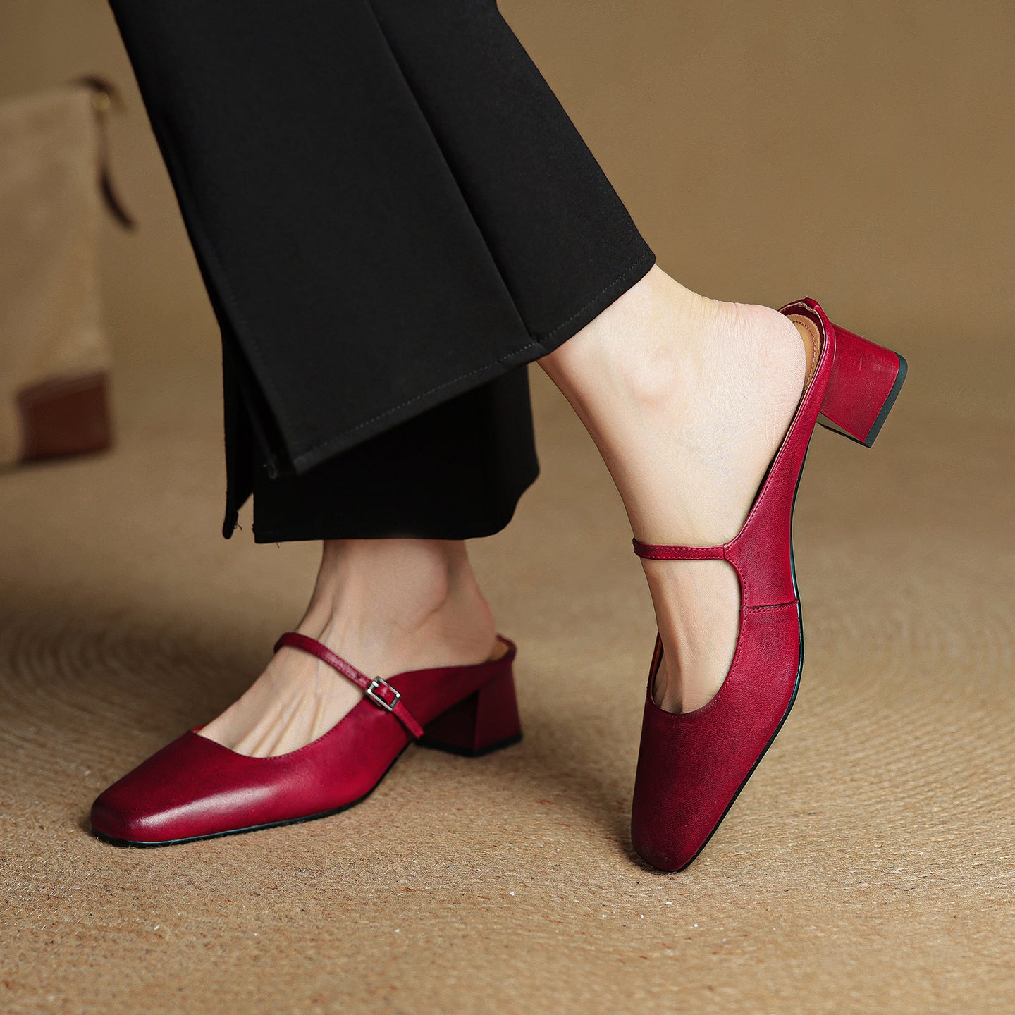 Women's Cowhide Mary Jane Mules - 4.5cm Block Heel - Hand-Burnished Leather