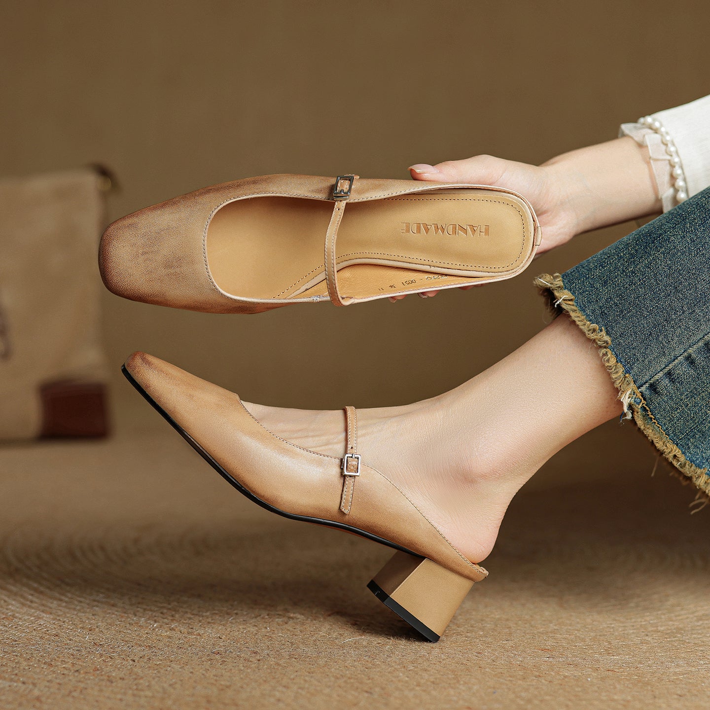 Women's Cowhide Mary Jane Mules - 4.5cm Block Heel - Hand-Burnished Leather