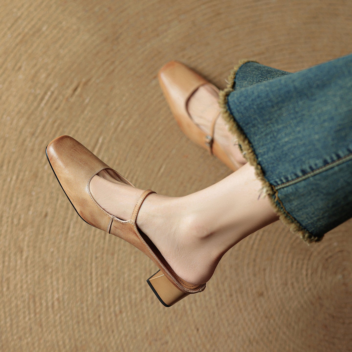 Women's Cowhide Mary Jane Mules - 4.5cm Block Heel - Hand-Burnished Leather