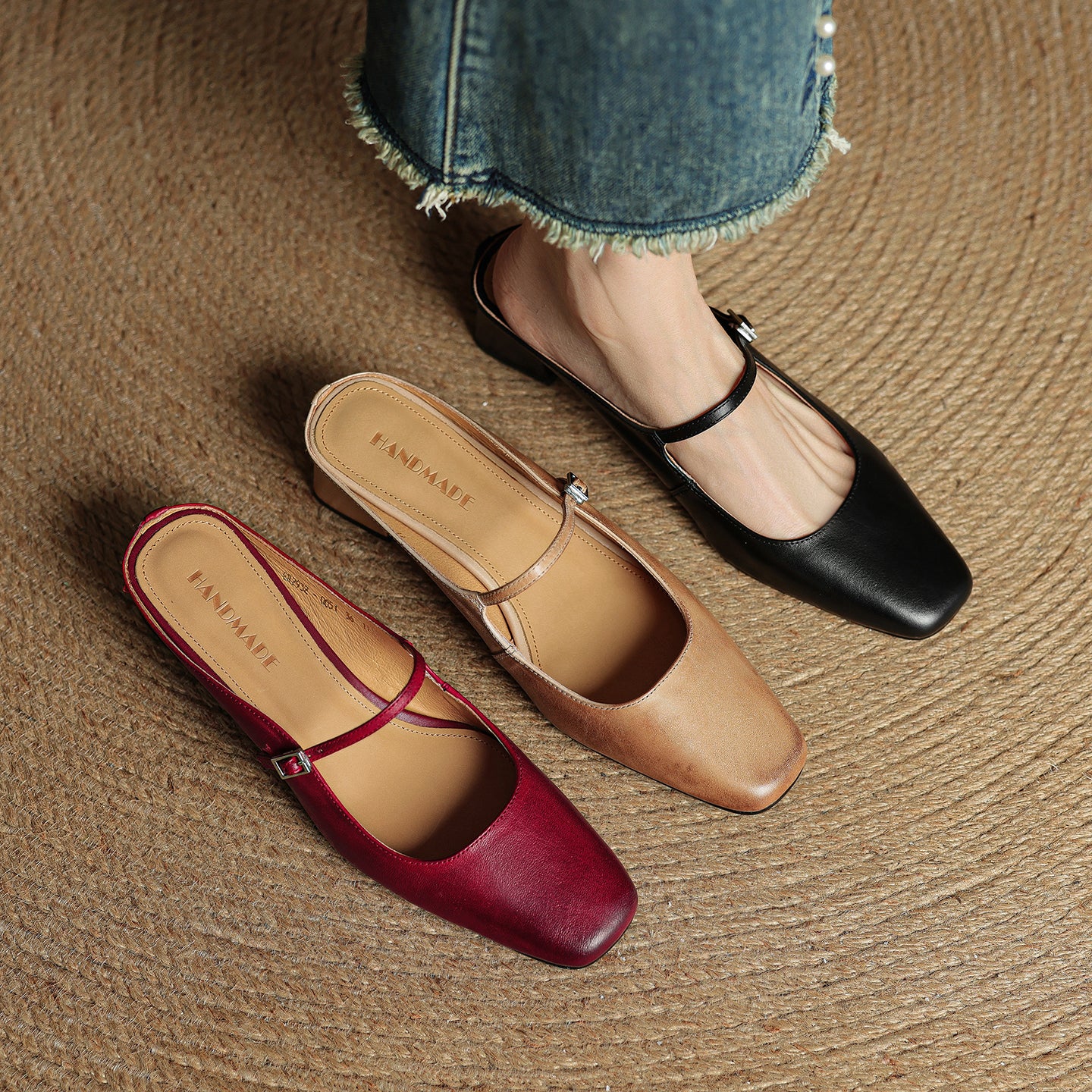 Women's Cowhide Mary Jane Mules - 4.5cm Block Heel - Hand-Burnished Leather