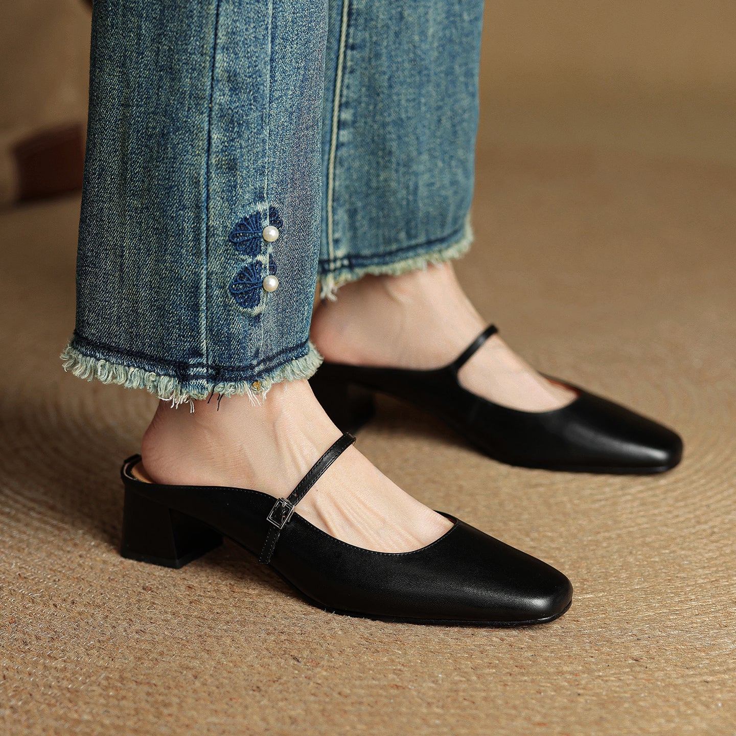 Women's Cowhide Mary Jane Mules - 4.5cm Block Heel - Hand-Burnished Leather