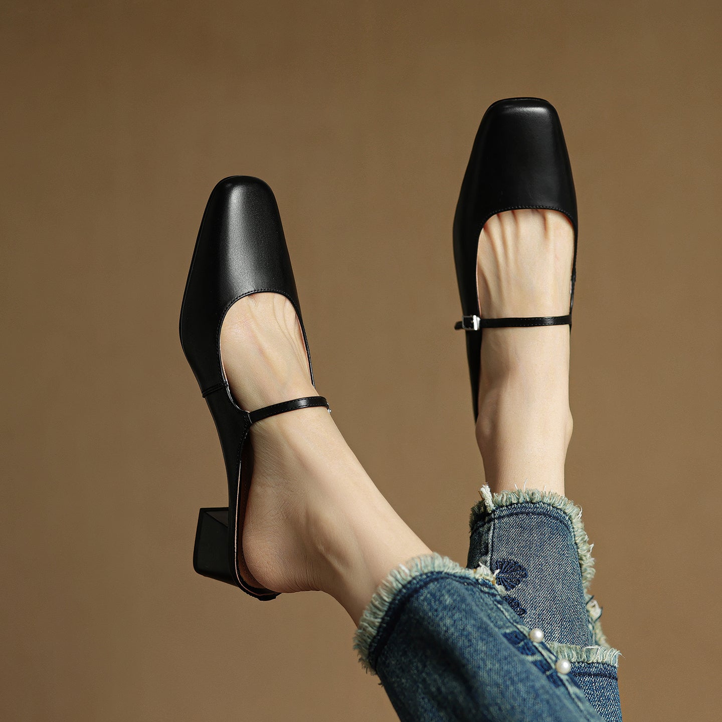 Women's Cowhide Mary Jane Mules - 4.5cm Block Heel - Hand-Burnished Leather