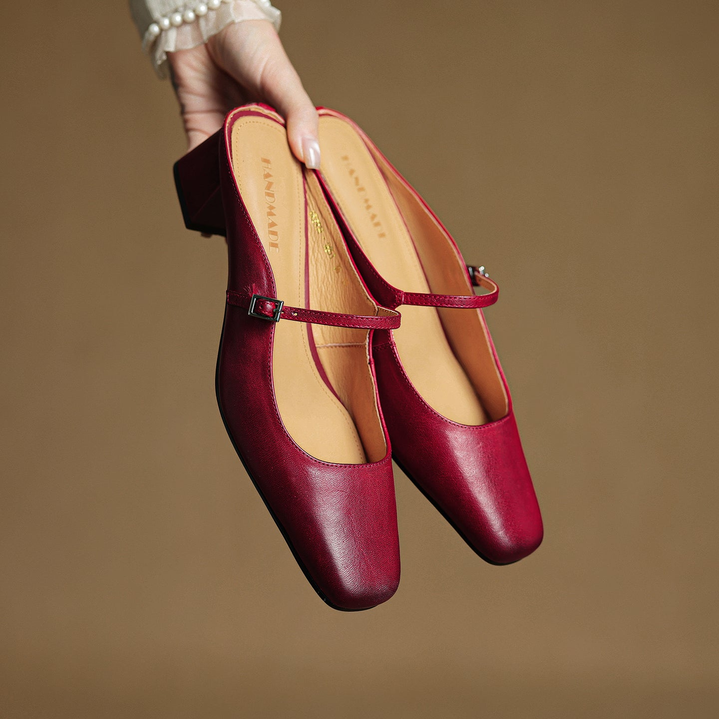 Women's Cowhide Mary Jane Mules - 4.5cm Block Heel - Hand-Burnished Leather