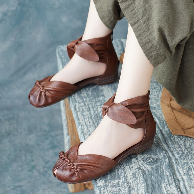 Womens Genuine Leather Handmade Summer Bow Ankle Zipper Sandals