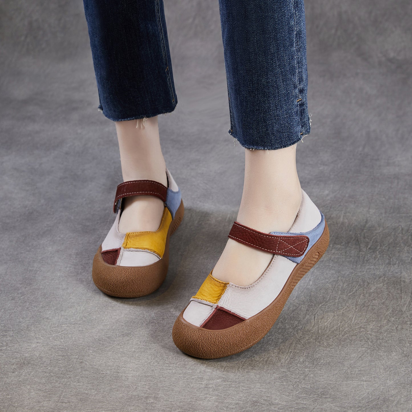 Women’s Leather Colour-Block Mary Jane Flats – Retro Soft Sole Shoes