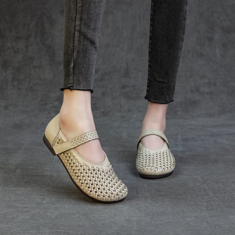 Genuine Leather Weaving Hollow Out Breathable Summer Velcro Women's Sandals