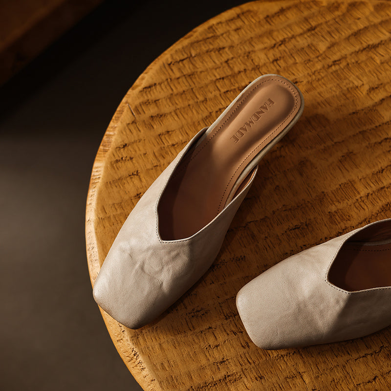 Women's Minimalist Leather V-Neck Mules Mid-Heel - Sophisticated Summer Casual Slip-ons