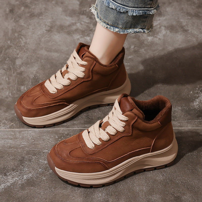 Women's Retro High-Top Leather Sneakers – Chunky Sole Casual Platform Shoes