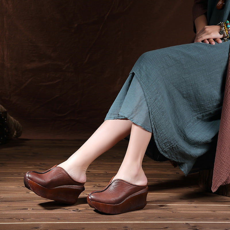 Women's Platform Mules - Premium Cowhide & Sheepskin - Summer Wedge Heels