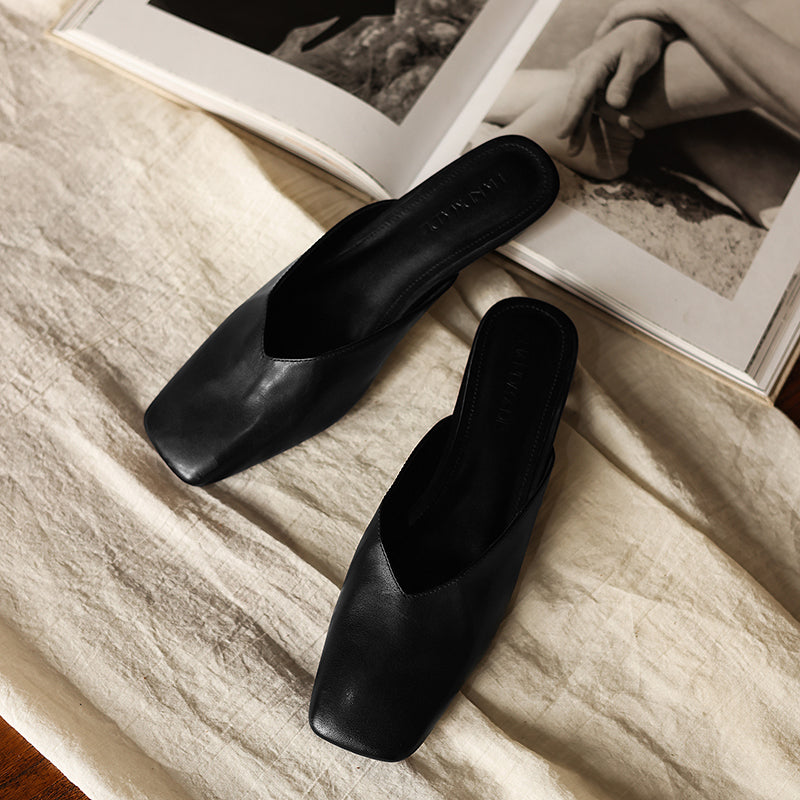 Women's Minimalist Leather V-Neck Mules Mid-Heel - Sophisticated Summer Casual Slip-ons