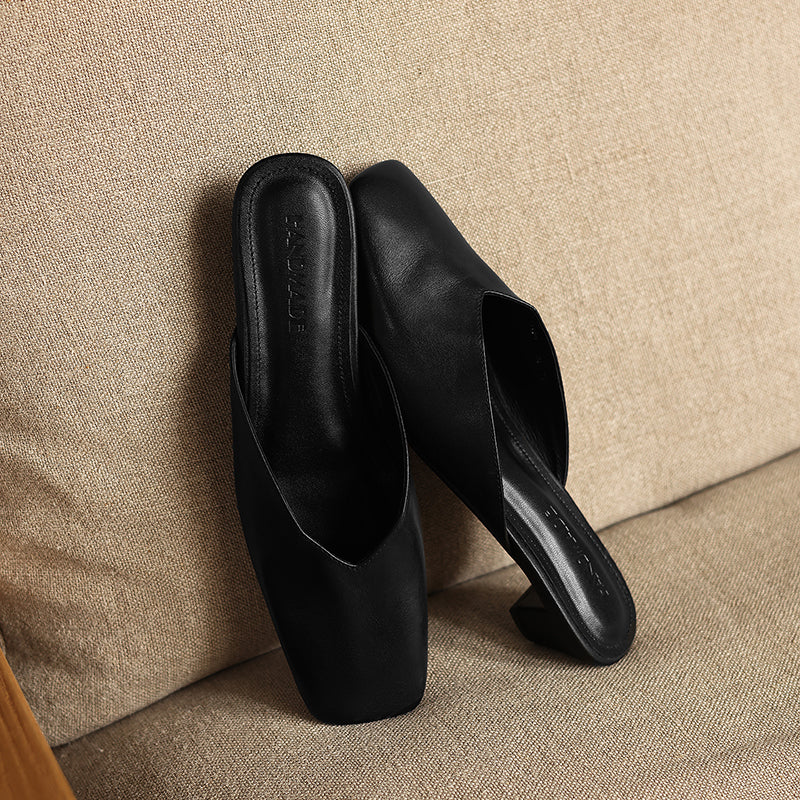 Women's Minimalist Leather V-Neck Mules Mid-Heel - Sophisticated Summer Casual Slip-ons
