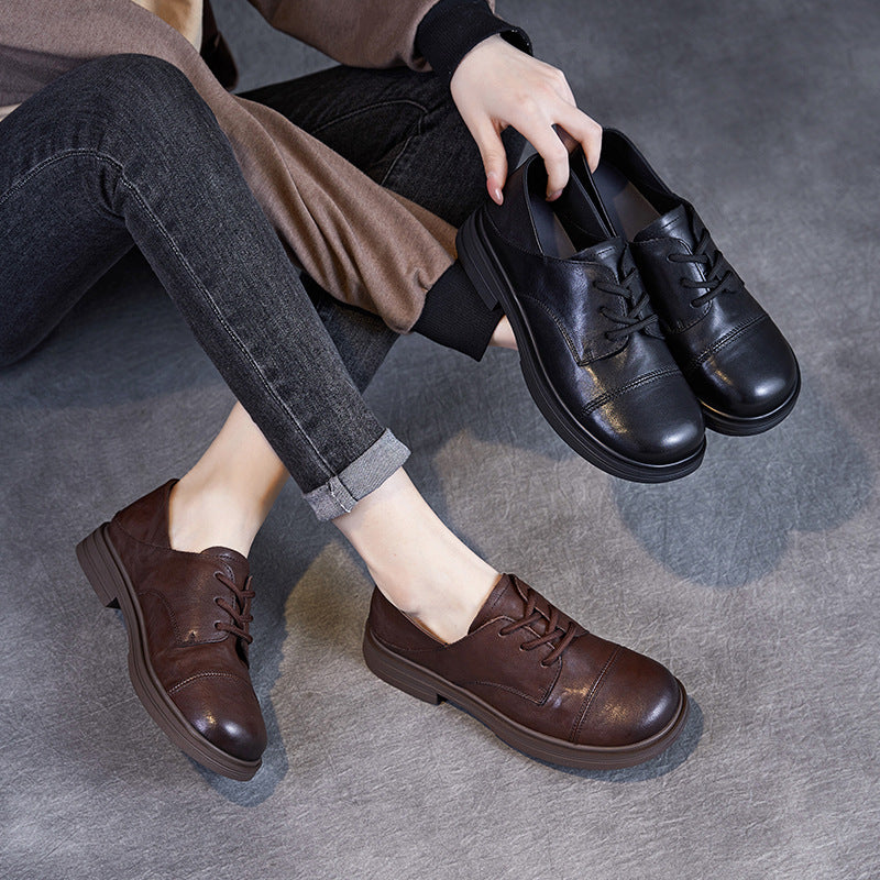 Women's Comfortable Vintage Leather Lace-Up Round-Toe Everyday Shoes