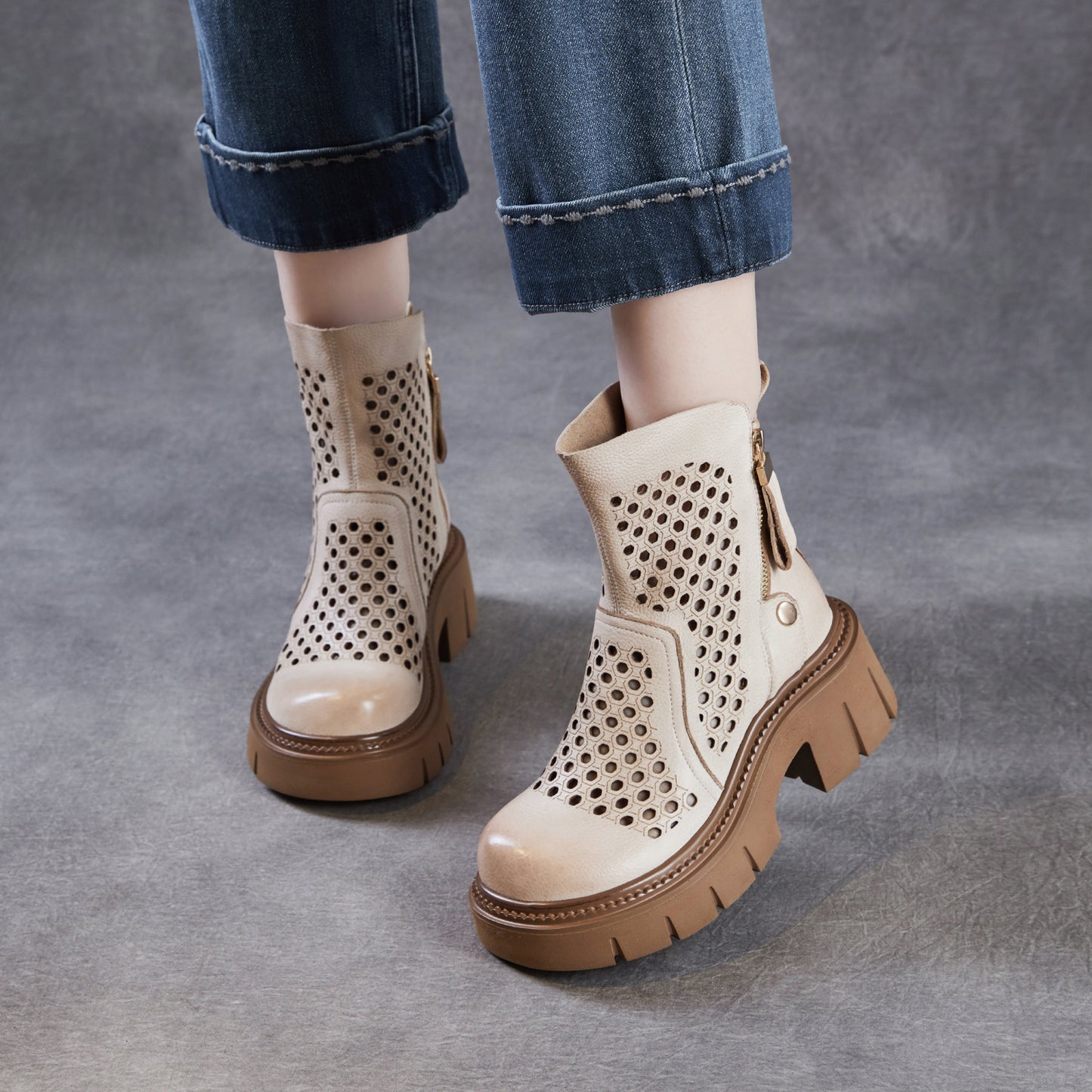 Women’s Retro Leather Cut-Out Ankle Boots – Summer Chunky Block Heel Zip Boots