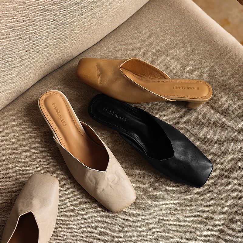 Women's Minimalist Leather V-Neck Mules Mid-Heel - Sophisticated Summer Casual Slip-ons
