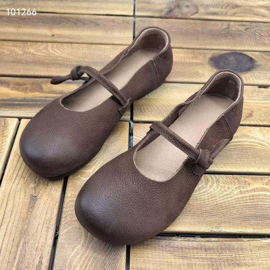 Women's Vintage Genuine Leather Mary Janes - Artistic Flat with Timeless Appeal