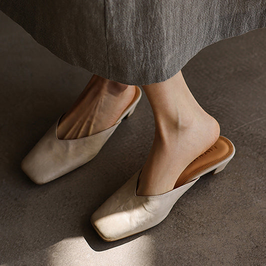 Women's Minimalist Leather V-Neck Mules Mid-Heel - Sophisticated Summer Casual Slip-ons