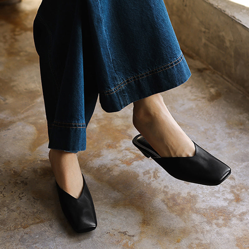 Women's Minimalist Leather V-Neck Mules Mid-Heel - Sophisticated Summer Casual Slip-ons