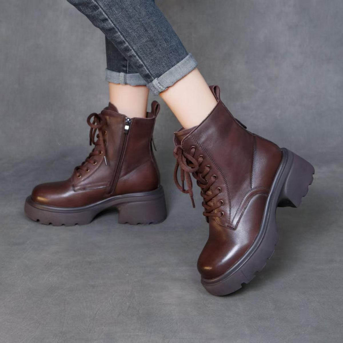Women's Top-Grain Leather Ankle Boots Chunky Platform Block Heel Combat Booties