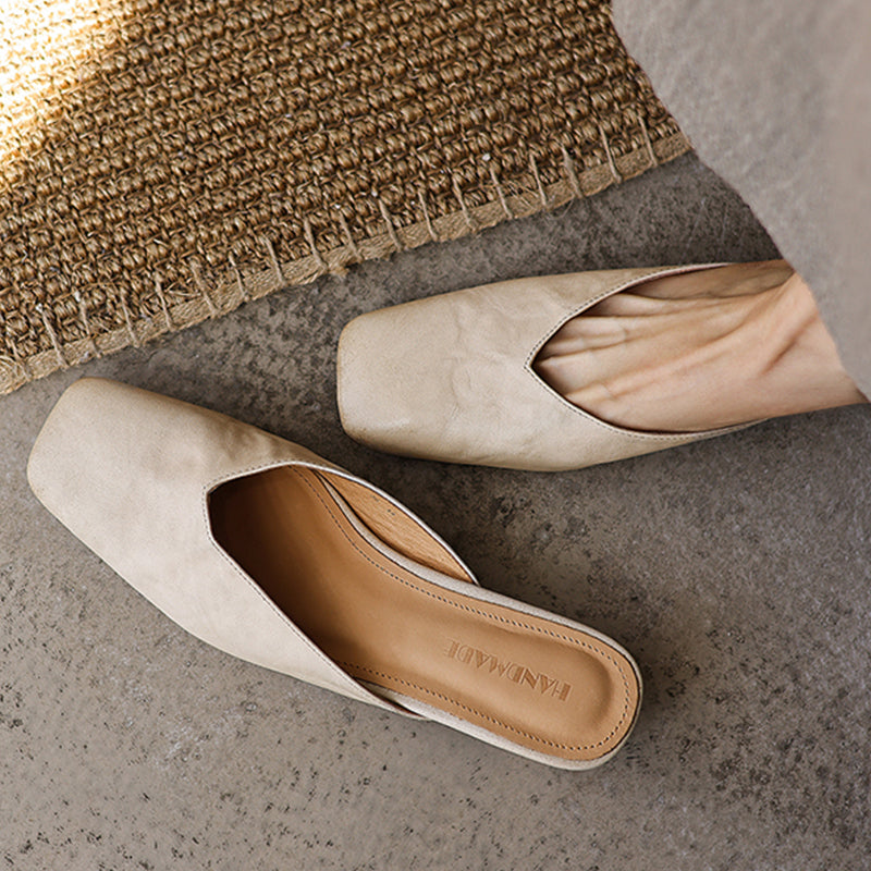 Women's Minimalist Leather V-Neck Mules Mid-Heel - Sophisticated Summer Casual Slip-ons