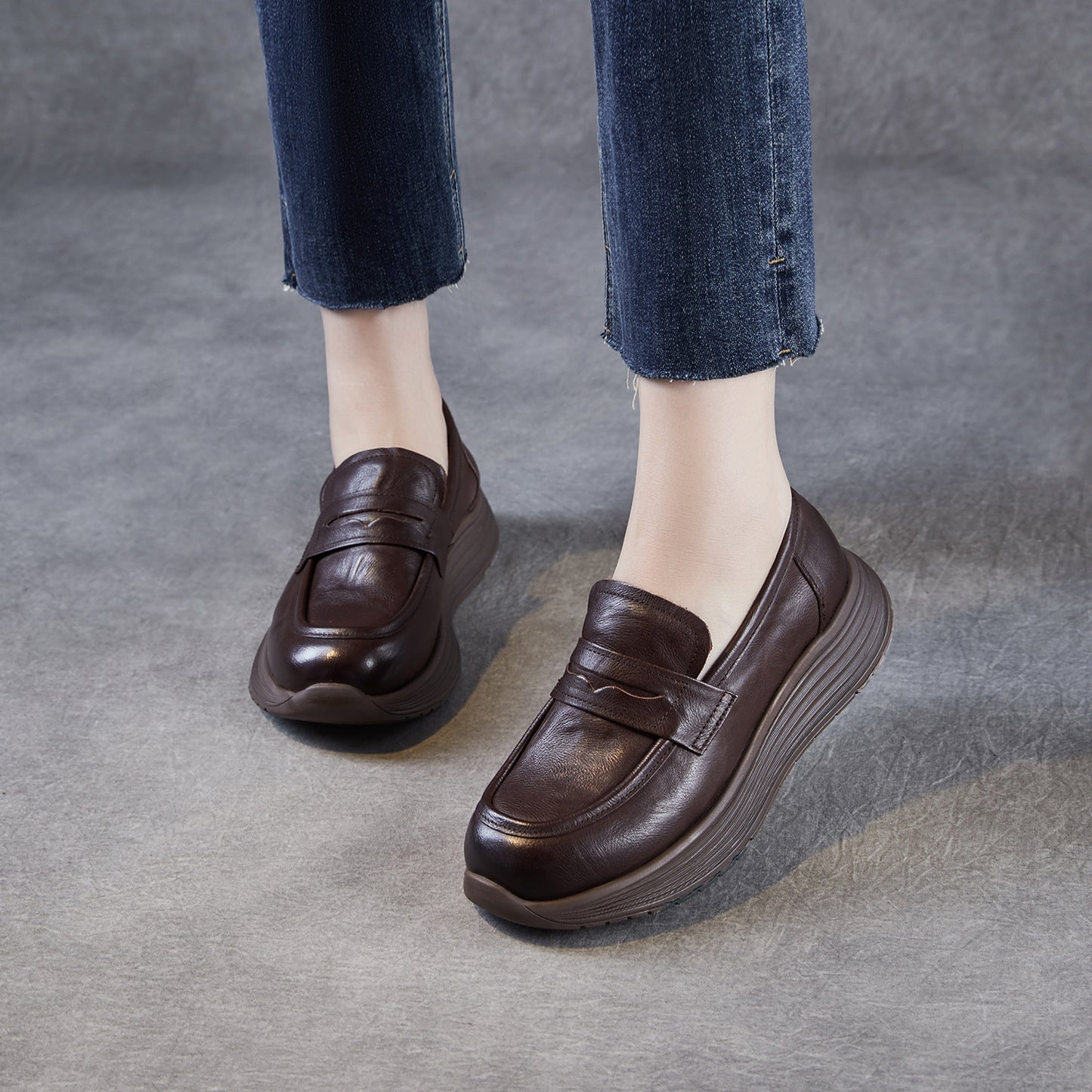 Women’s Leather Slip-On Loafers – Vintage Low Wedge Comfort Shoes