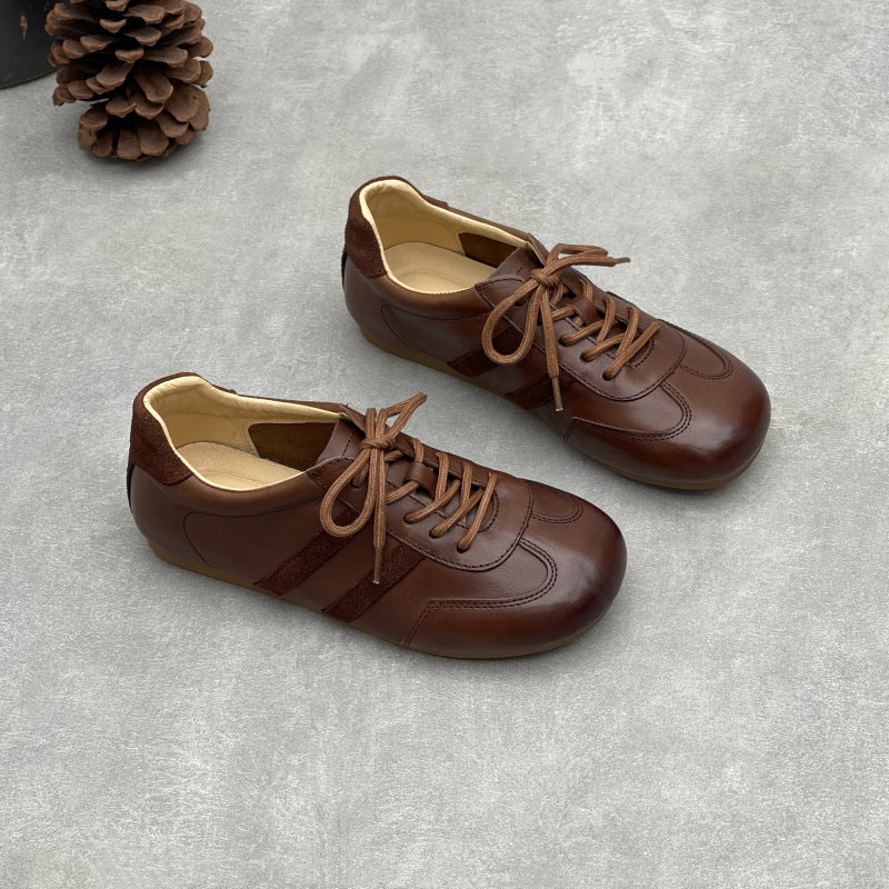 Women's Vintage Leather Retro Runners Round Toe Soft Sole Lace-Up Walking Shoes