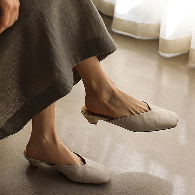 Women's Minimalist Leather V-Neck Mules Mid-Heel - Sophisticated Summer Casual Slip-ons