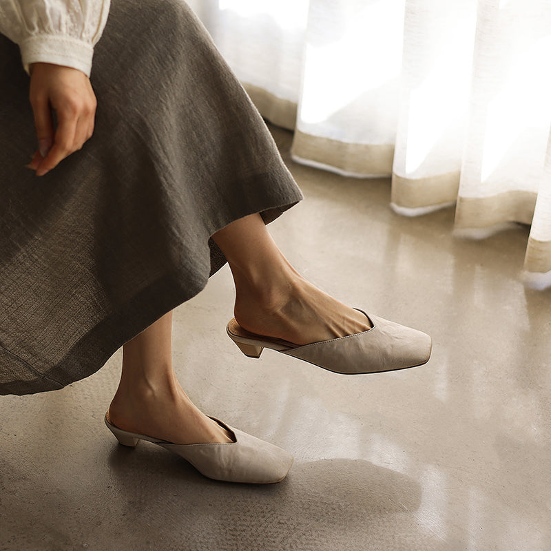 Women's Minimalist Leather V-Neck Mules Mid-Heel - Sophisticated Summer Casual Slip-ons