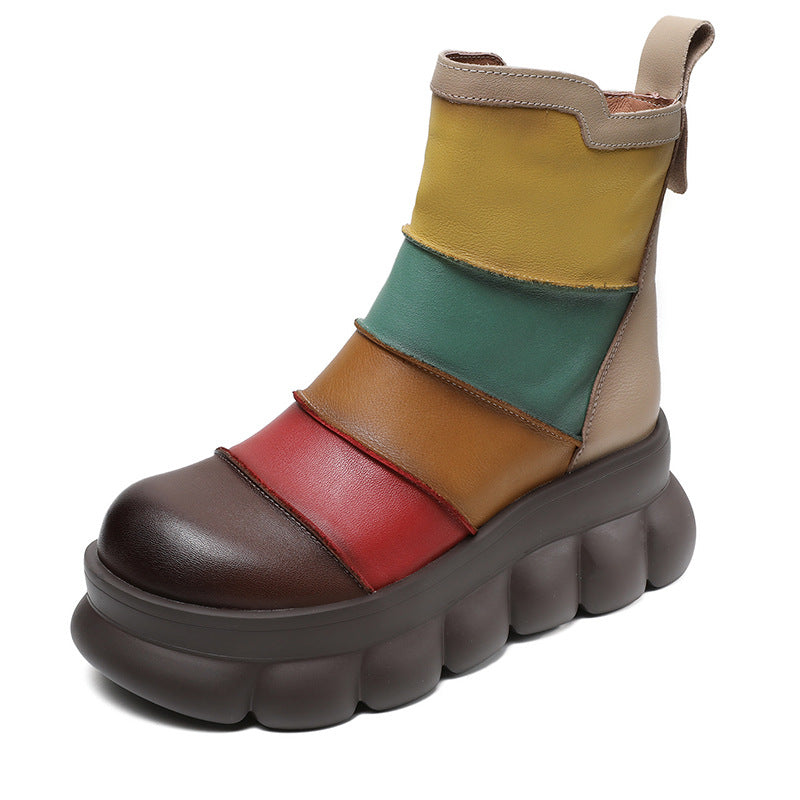 Women's Rainbow Avant-Garde Color-Block Platform Boots Leather Zipper Closure