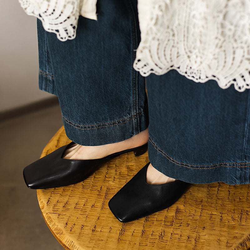 Women's Minimalist Leather V-Neck Mules Mid-Heel - Sophisticated Summer Casual Slip-ons