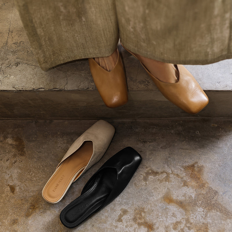 Women's Minimalist Leather V-Neck Mules Mid-Heel - Sophisticated Summer Casual Slip-ons