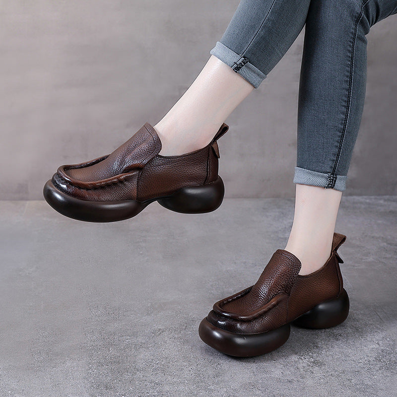 Women's Minimalist Platform Loafers - Leather Elevated Flats - Breathable Unlined Slip-Ons