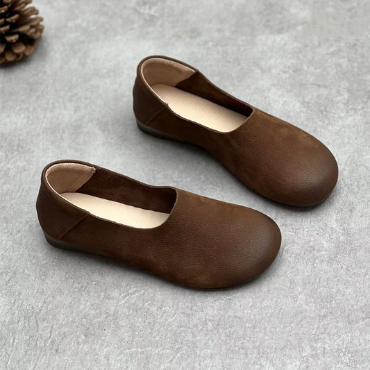 Women’s Minimalist Vintage Handmade Leather Flats – Retro Round Toe Slip-On Shoes