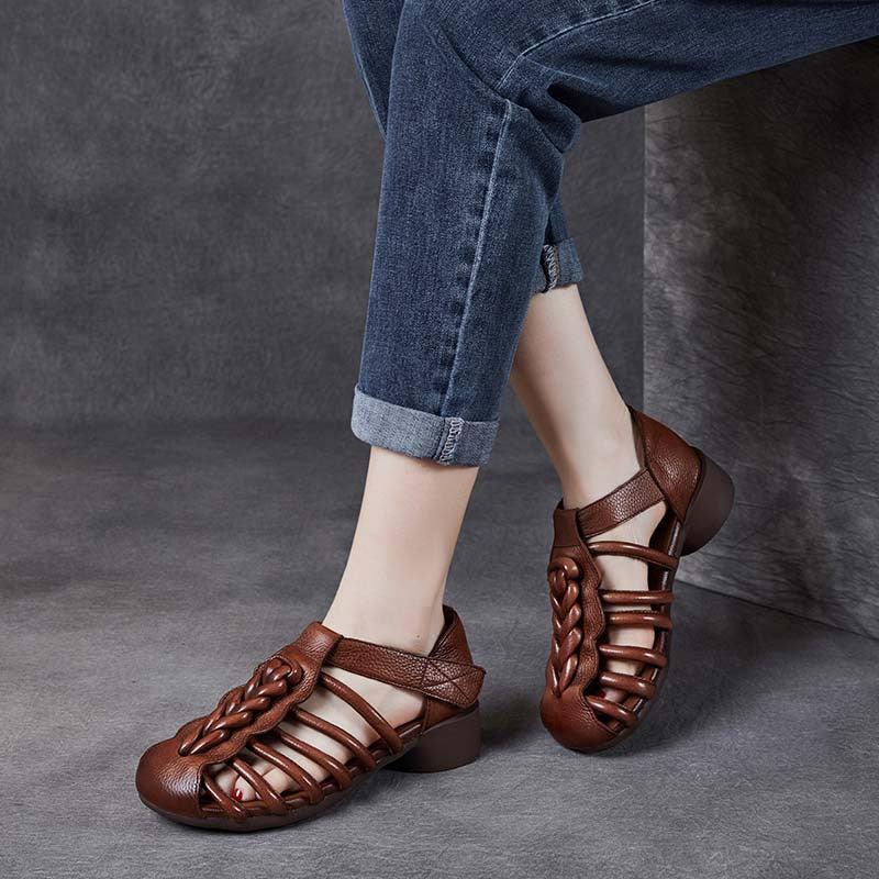 Breathable Leather Summer Sandals for Women - Round Toe Flat Walking Shoes with Velcro Strap