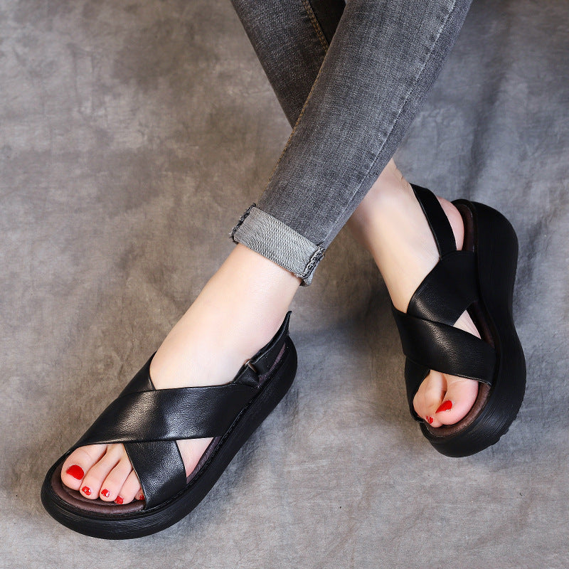 Women's Leather Open Toe Cross Strap Velcro Wedge Heel Sandals