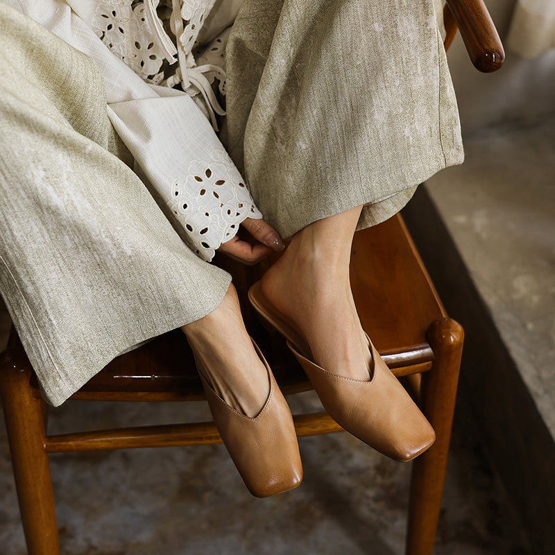 Women's Minimalist Leather V-Neck Mules Mid-Heel - Sophisticated Summer Casual Slip-ons