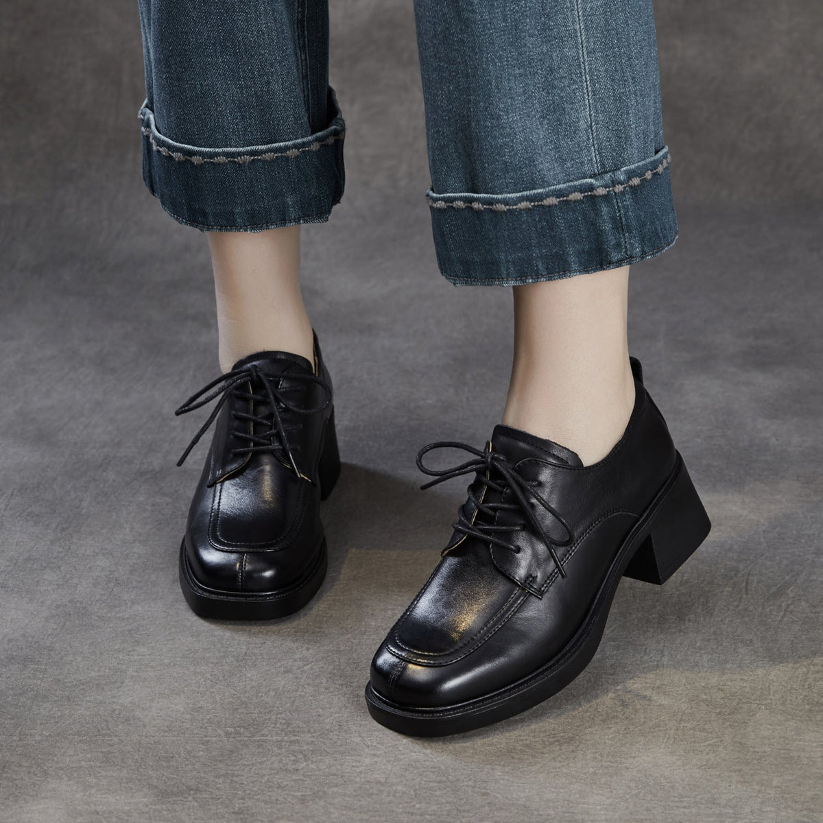 Women's Top-Grain Leather Oxford Shoes Chunky High Heel Lace Up Platform Pumps