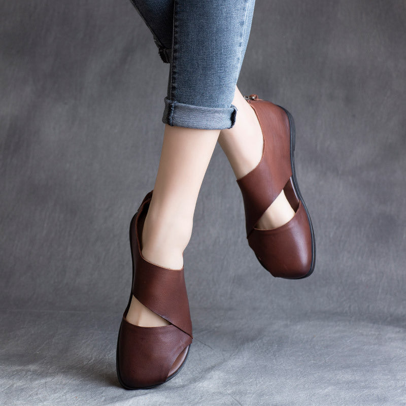 Women's  Leather Summer Cut-Out Sandals - Unlined Breathable Back Zipper Closure