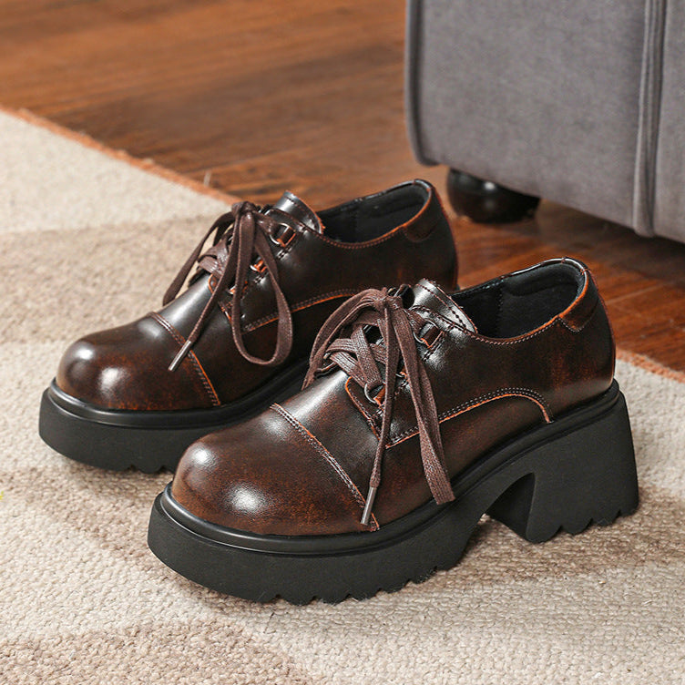 Women's Retro Chunky Oxford Shoes – Lace-Up Round Toe Preppy Flats