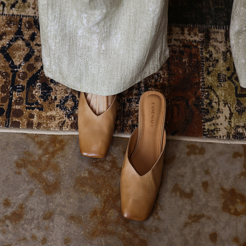 Women's Minimalist Leather V-Neck Mules Mid-Heel - Sophisticated Summer Casual Slip-ons